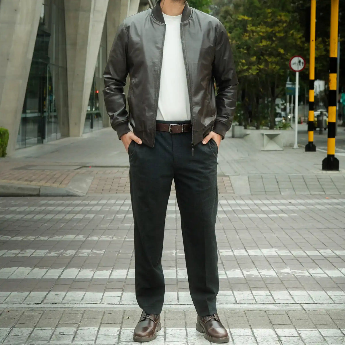 Chaqueta Cooper Bomber Café de Cuero para Hombre - BLACK BISON