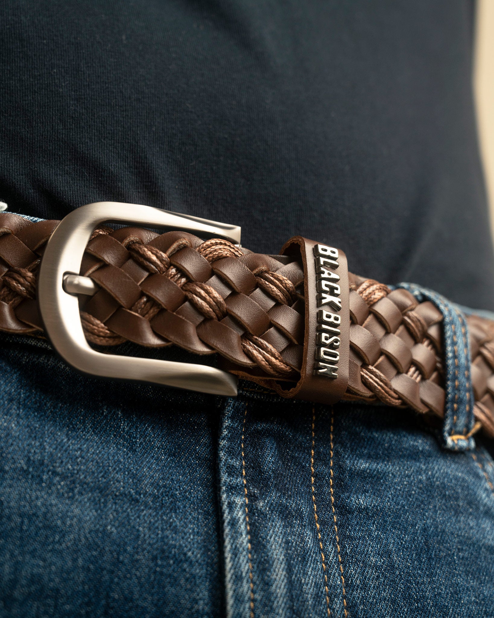 Cinturon Cuero Tejido Cafe - BLACK BISON