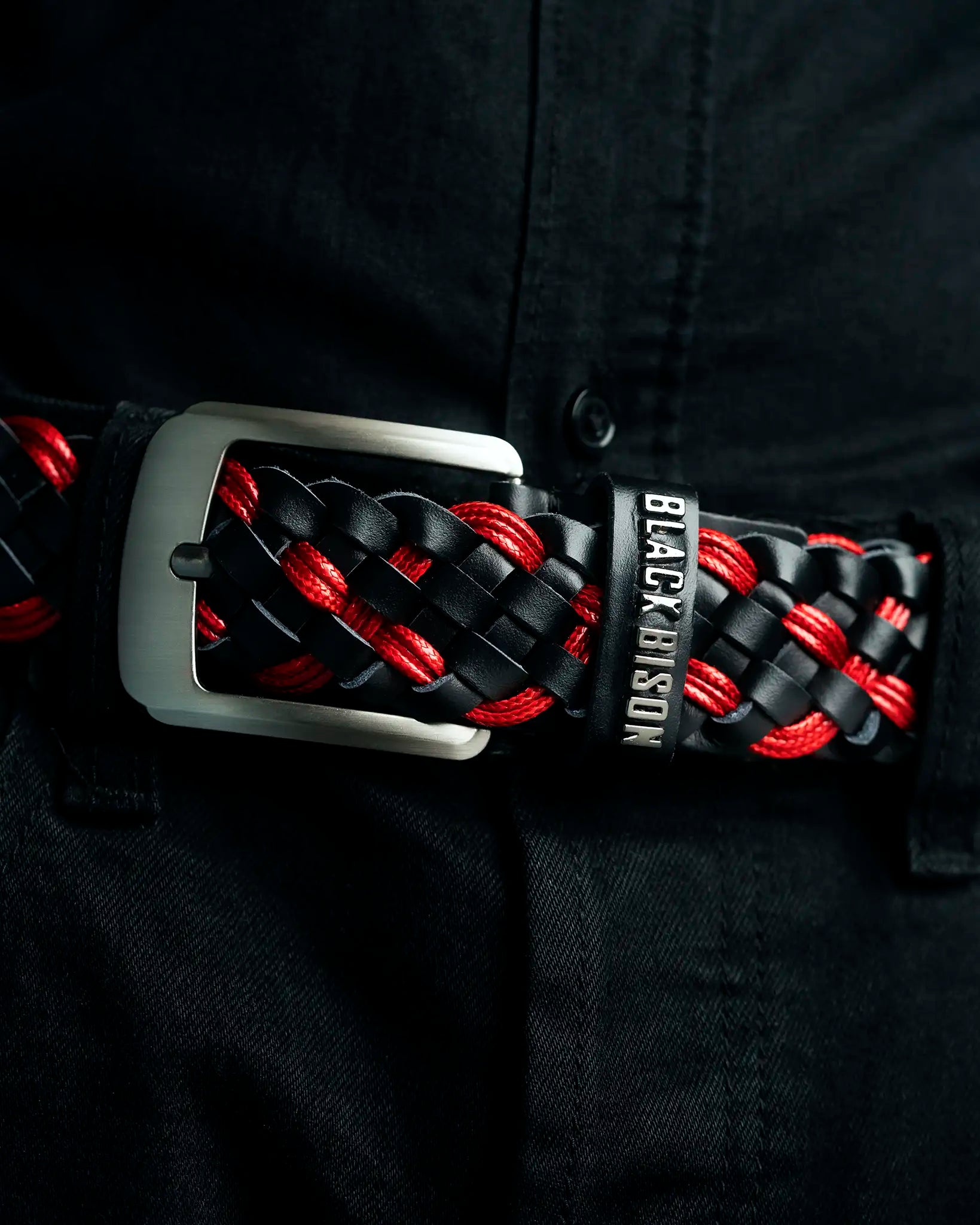 Cinturon Cuero Tejido Negro - Rojo - BLACK BISON