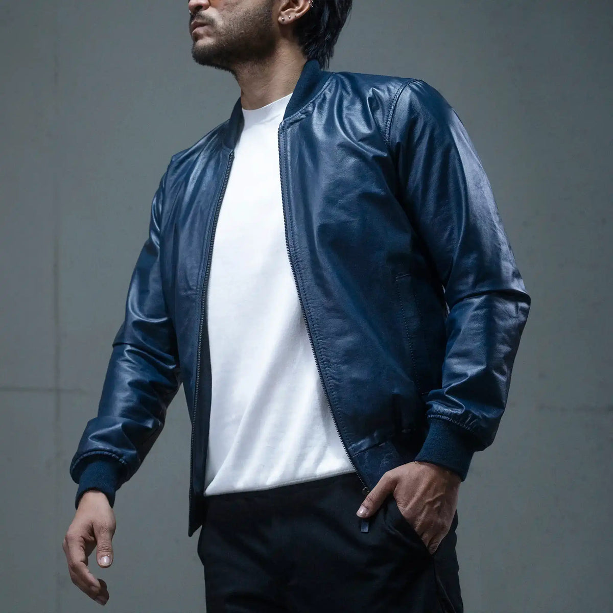Chaqueta Cooper Bomber Azul de Cuero para Hombre - BLACK BISON