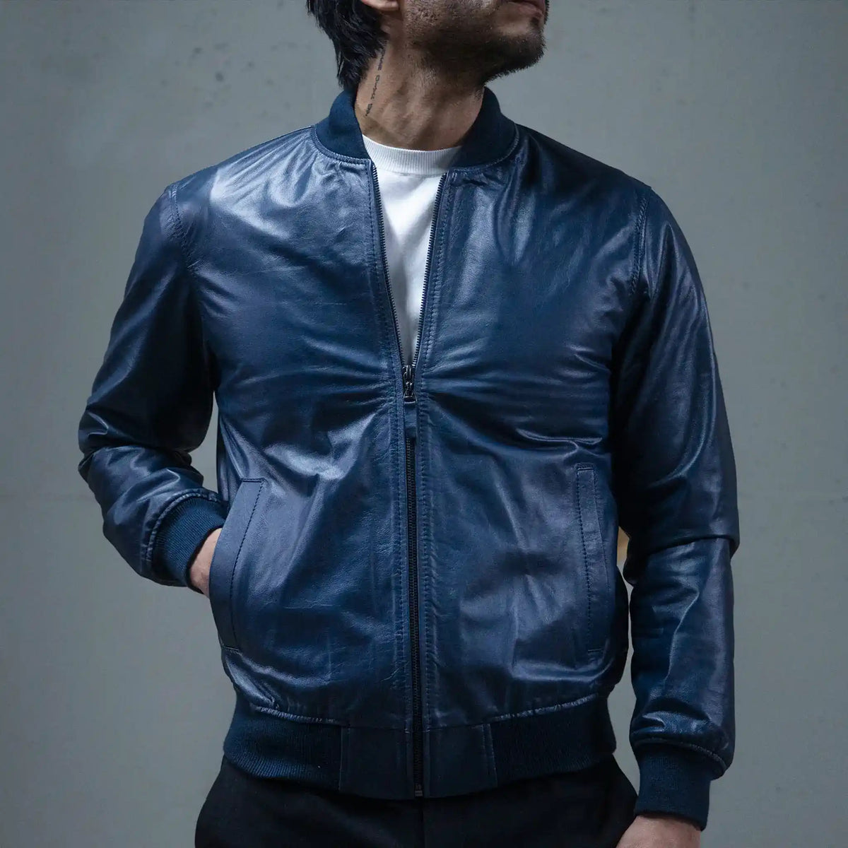 Chaqueta Cooper Bomber Azul de Cuero para Hombre - BLACK BISON