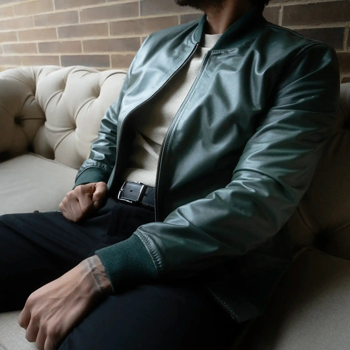 Chaqueta Cooper Bomber Verde de Cuero para Hombre - BLACK BISON