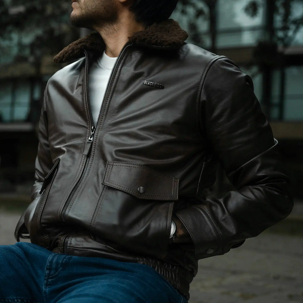 Chaqueta Harrison Aviador Café de Cuero para Hombre - BLACK BISON