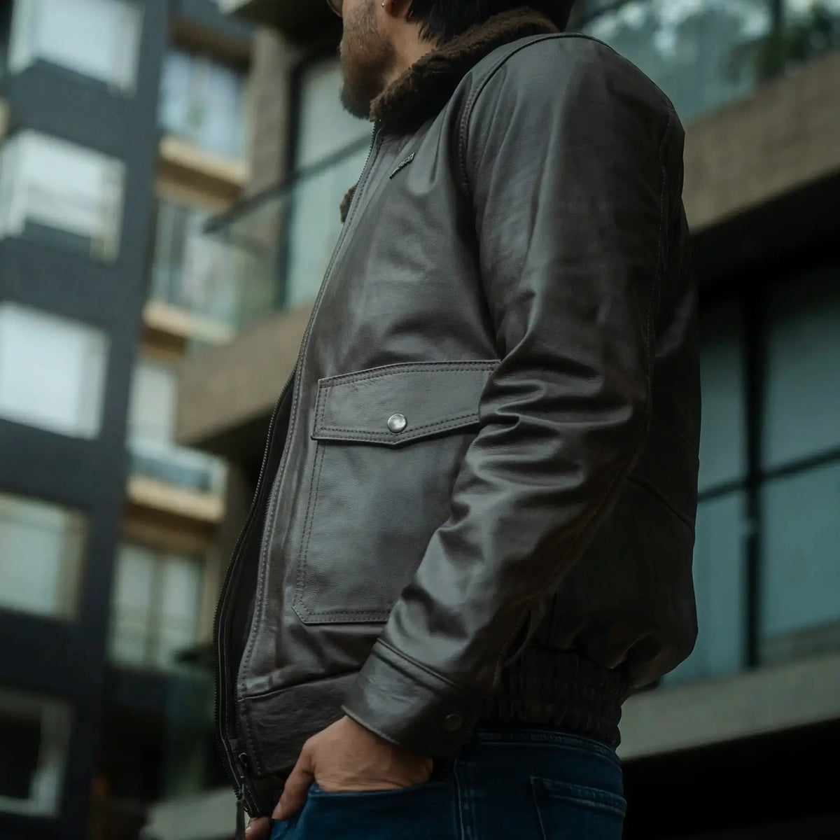 Chaqueta Harrison Aviador Café de Cuero para Hombre - BLACK BISON
