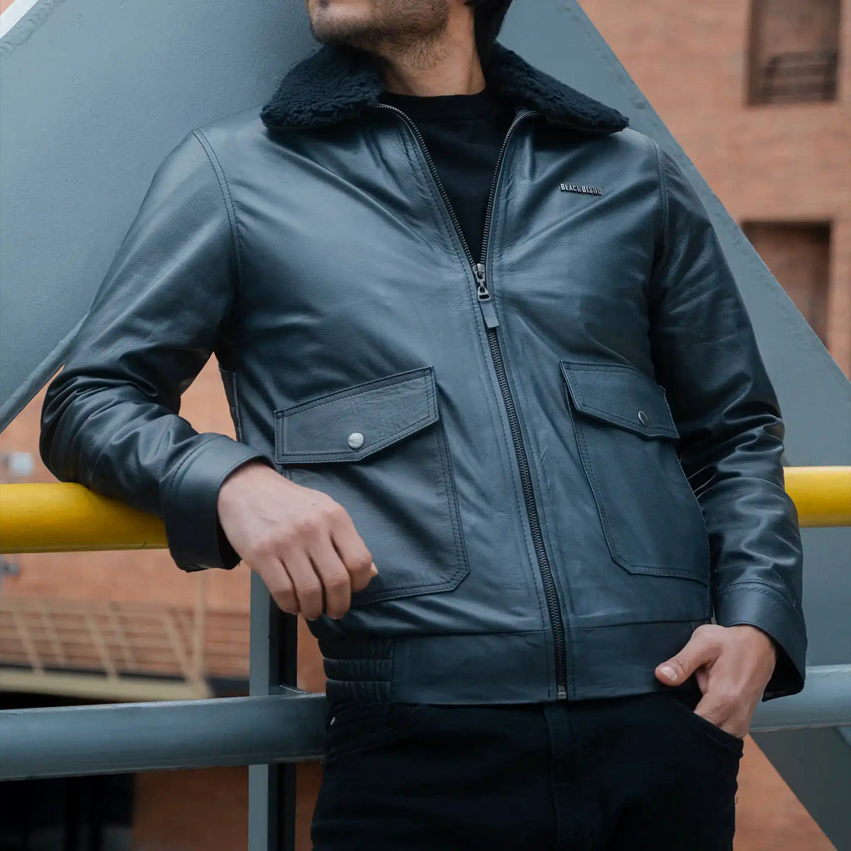 Chaqueta Harrison Aviador Negra de Cuero para Hombre - BLACK BISON