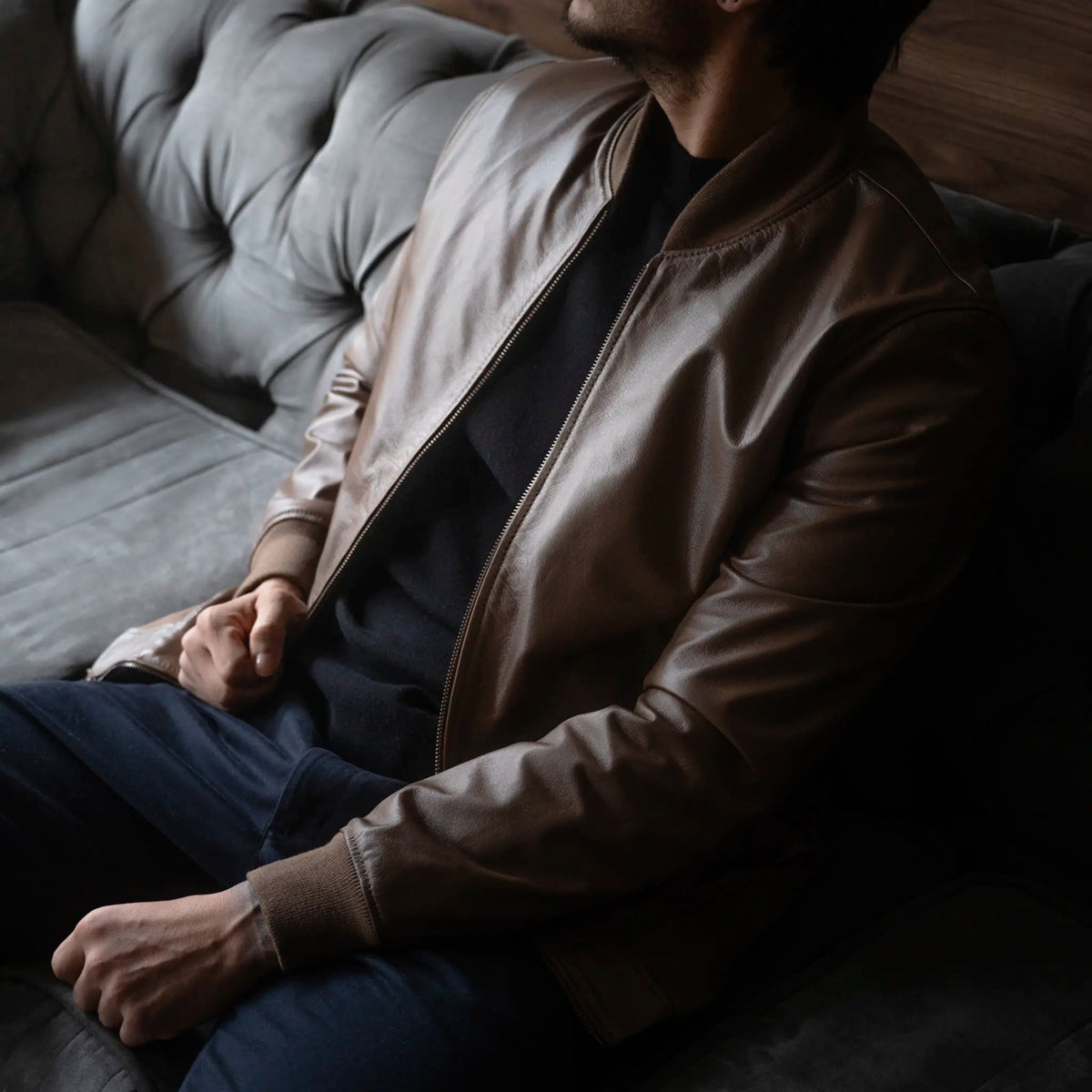 Chaqueta Cooper Bomber Miel de Cuero para Hombre - BLACK BISON
