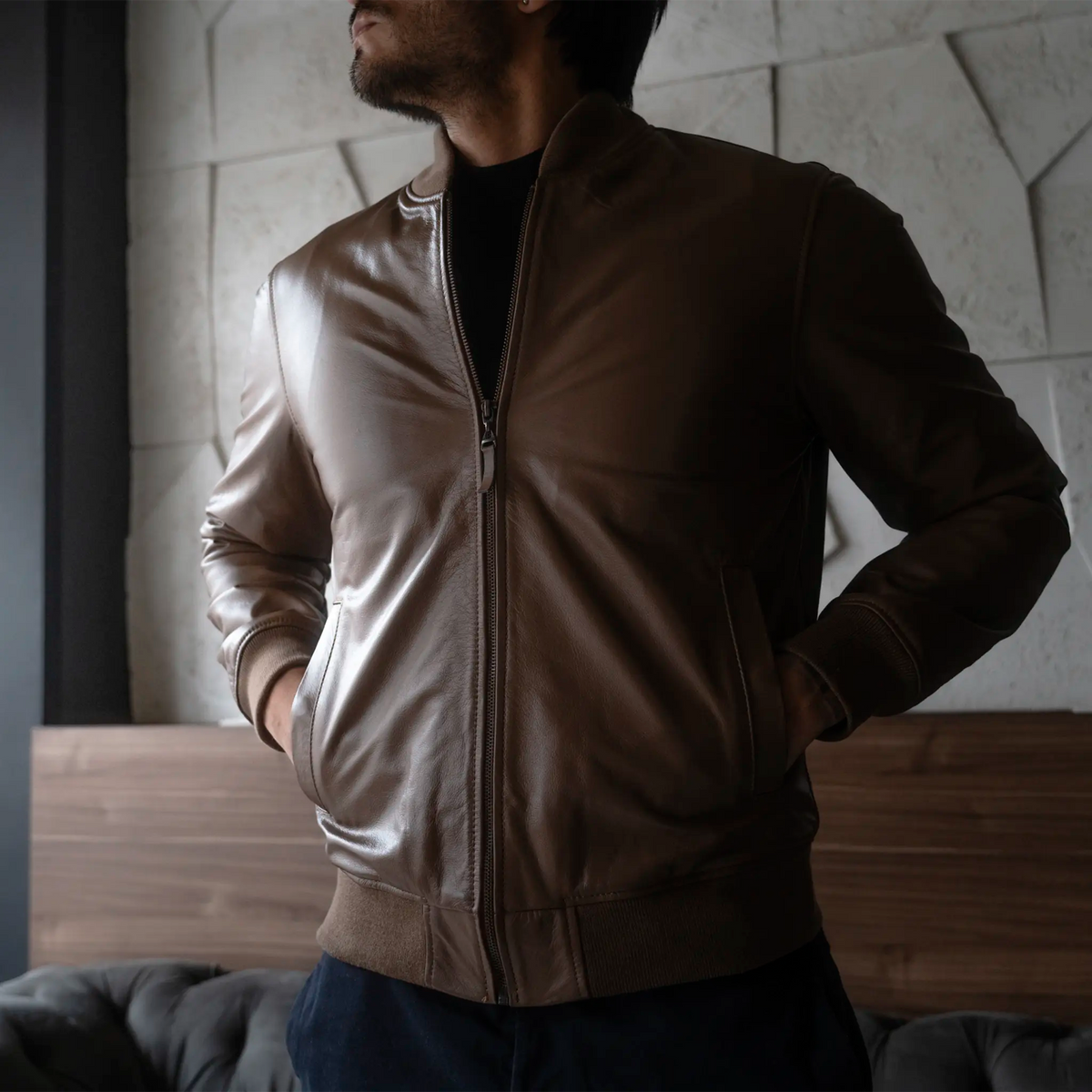 Chaqueta Cooper Bomber Miel de Cuero para Hombre - BLACK BISON