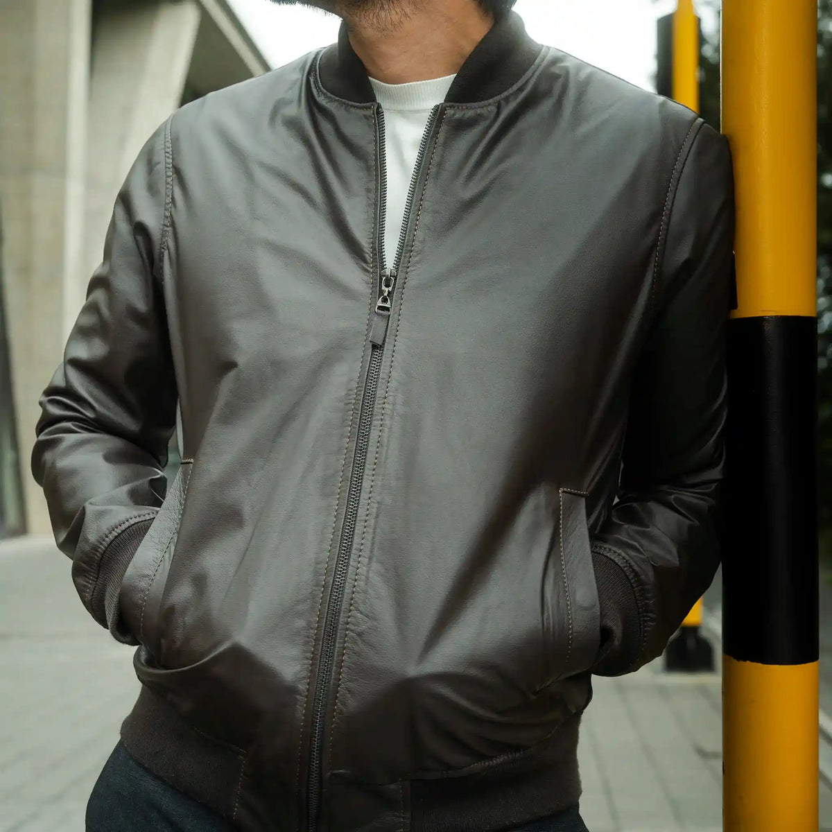 Chaqueta Cooper Bomber Café de Cuero para Hombre - BLACK BISON