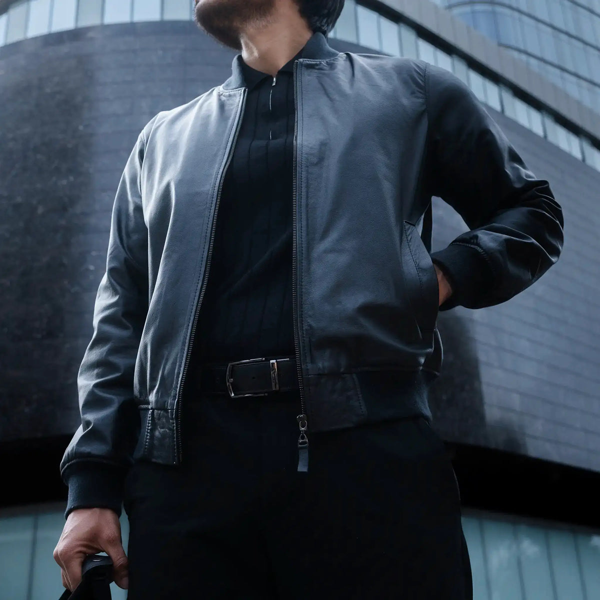 Chaqueta Cooper Bomber Negra de Cuero para Hombre - BLACK BISON