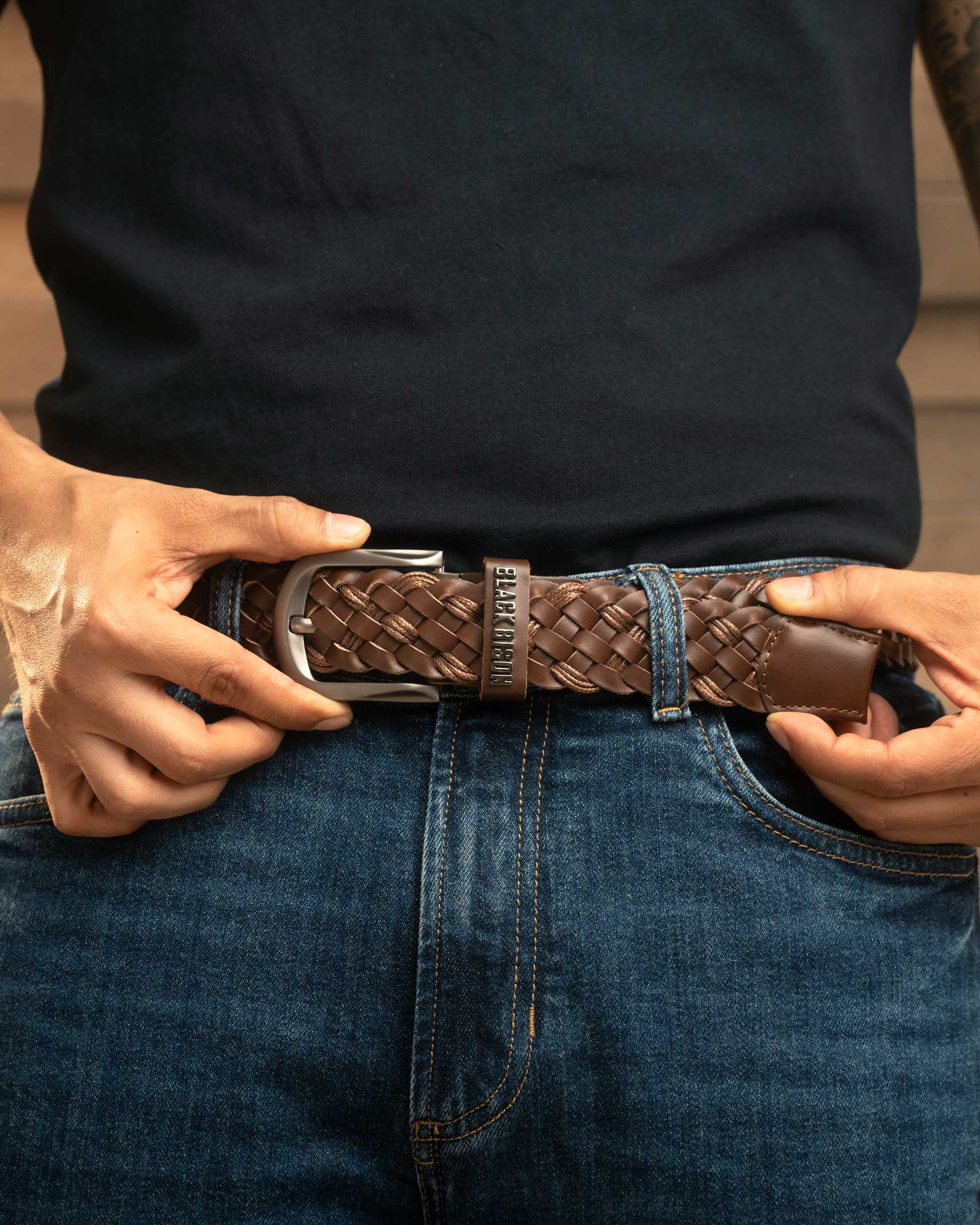 Cinturon Cuero Tejido Cafe - BLACK BISON