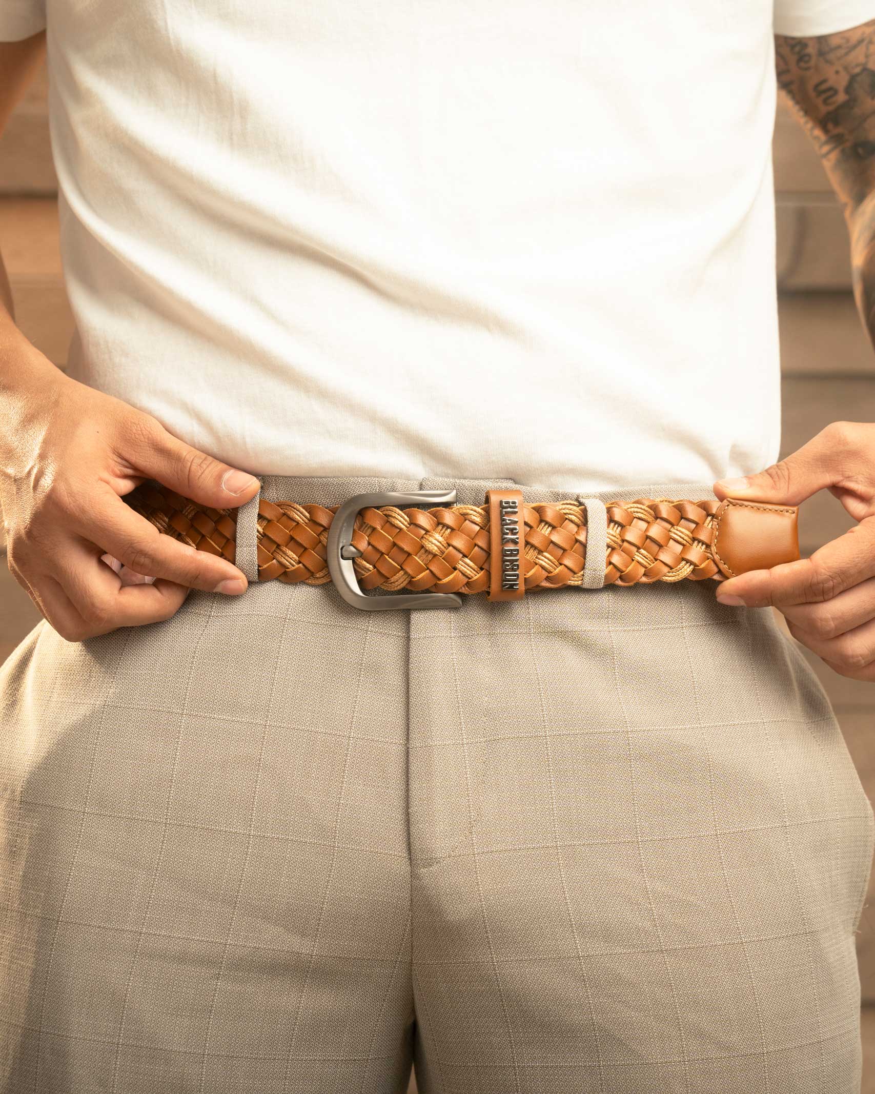 Cinturon Cuero Tejido Miel - BLACK BISON